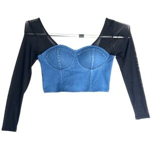 Spoon Denim Sheer Mesh Corset Bustier Basque Padded Stretch Crop Top Womens L‎